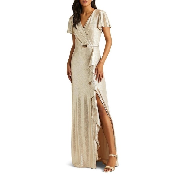 Lauren Ralph Lauren NWT Belted Metallic Knit Flutter Sleeve Gown Size 4 - Picture 5 of 12